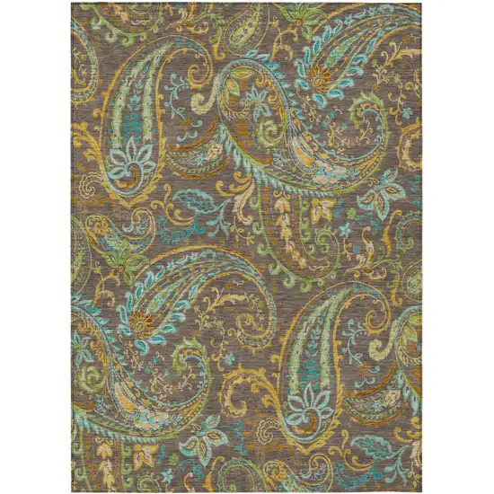 Brown Aqua and Gold Paisley Washable Non Skid Indoor Outdoor Area Rug Photo 2