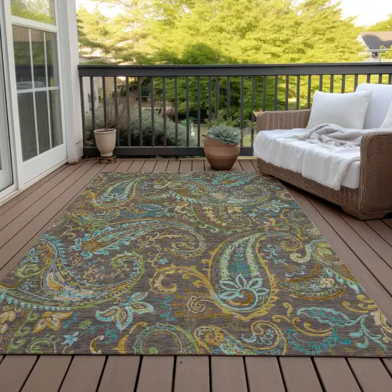 Brown Aqua and Gold Paisley Washable Non Skid Indoor Outdoor Area Rug Photo 7