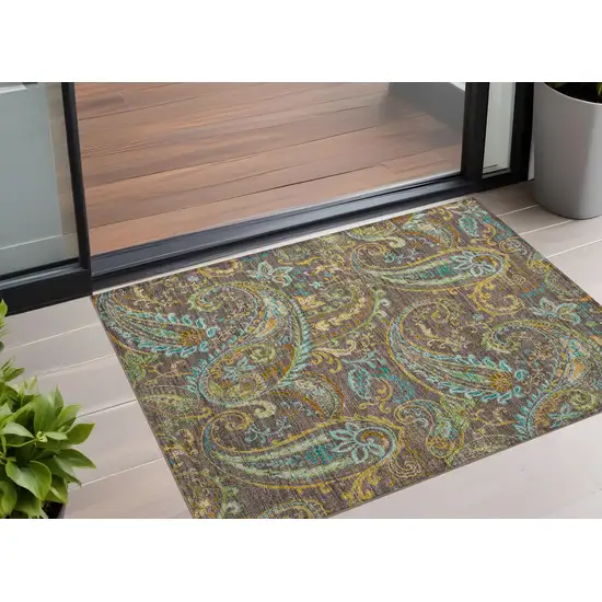 Brown Aqua and Gold Paisley Washable Non Skid Indoor Outdoor Area Rug Photo 1