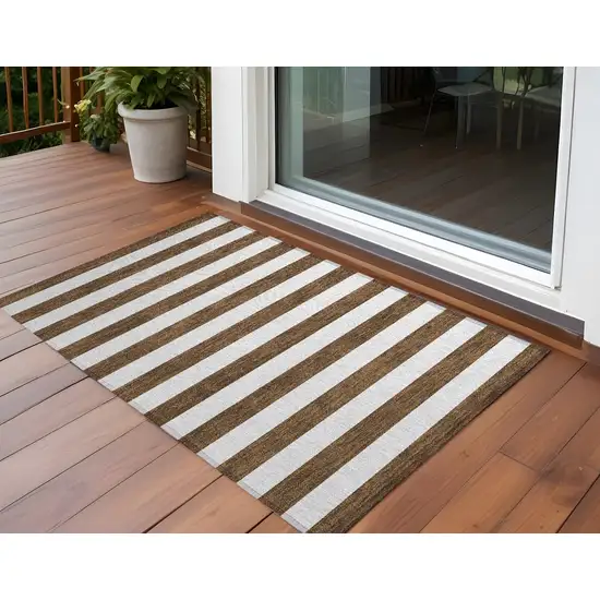 3' X 4' Chocolate Striped Washable Non Skid Indoor Outdoor Area Rug Photo 1