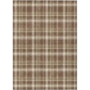 Photo of 3' X 4' Chocolate and Ivory Plaid Washable Non Skid Indoor Outdoor Area Rug