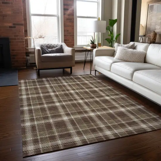 3' X 4' Chocolate and Ivory Plaid Washable Non Skid Indoor Outdoor Area Rug Photo 9