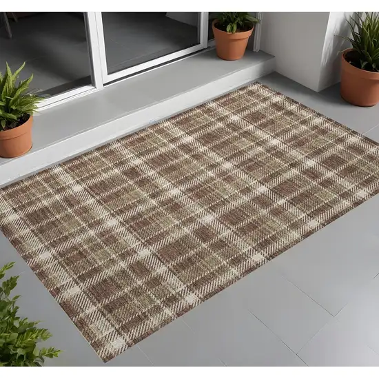 3' X 5' Chocolate and Ivory Plaid Washable Non Skid Indoor Outdoor Area Rug Photo 1