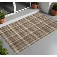 Photo of 3' X 5' Chocolate and Ivory Plaid Washable Non Skid Indoor Outdoor Area Rug