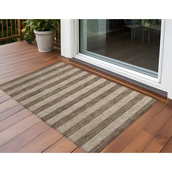 Coffee Striped Washable Non Skid Indoor Outdoor Area Rug Photo 1