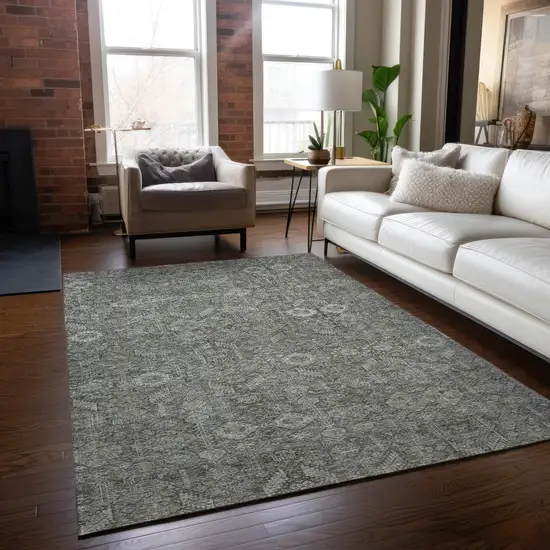 3' X 4' Cream and Tan Floral Washable Non Skid Indoor Outdoor Area Rug Photo 9