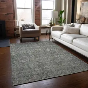 Photo of 3' X 4' Cream and Tan Floral Washable Non Skid Indoor Outdoor Area Rug