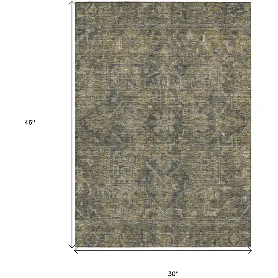 Dark Moss Green and Gray Oriental Washable Non Skid Indoor Outdoor Area Rug Photo 3