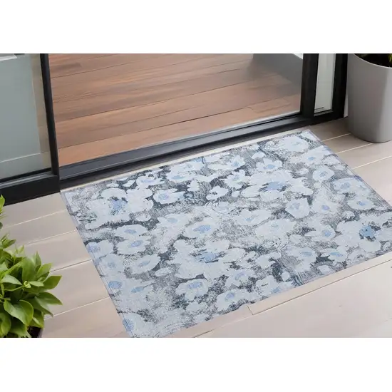 3' X 4' Denim Blue Floral Washable Non Skid Indoor Outdoor Area Rug Photo 1