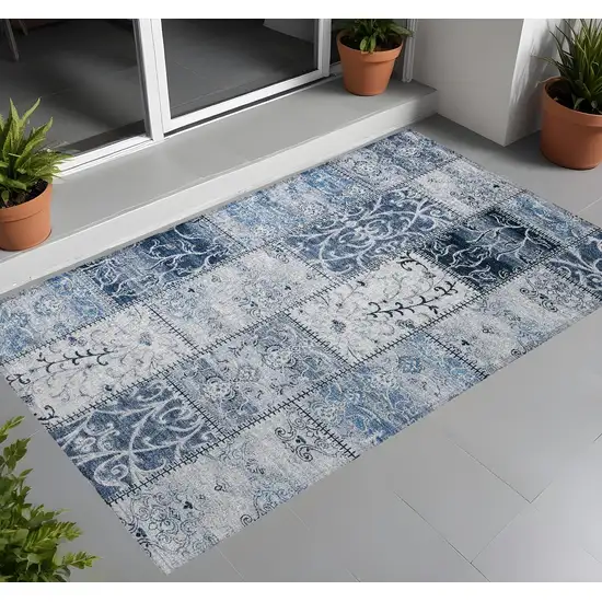 3' X 4' Denim Blue Patchwork Washable Non Skid Indoor Outdoor Area Rug Photo 1