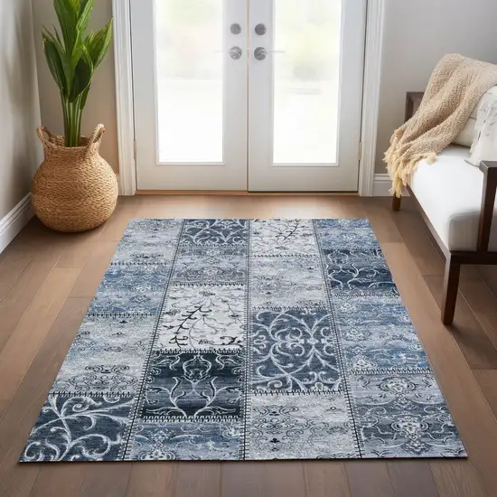 3' X 4' Denim Blue Patchwork Washable Non Skid Indoor Outdoor Area Rug Photo 9