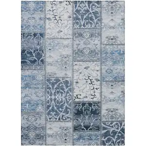 Photo of 3' X 5' Denim Blue Patchwork Washable Non Skid Indoor Outdoor Area Rug