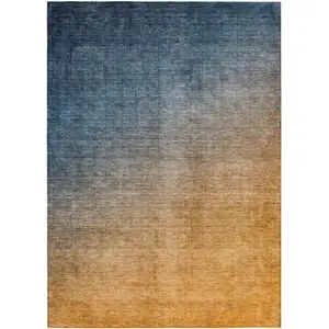 Photo of 3' X 4' Denim and Gold Ombre Washable Non Skid Indoor Outdoor Area Rug