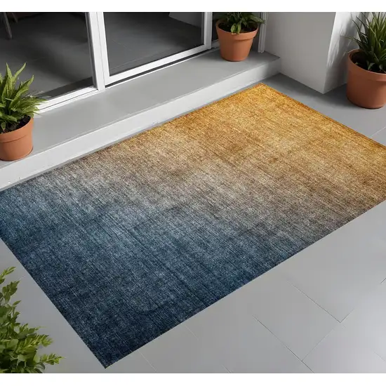 Denim and Gold Ombre Washable Non Skid Indoor Outdoor Area Rug Photo 1