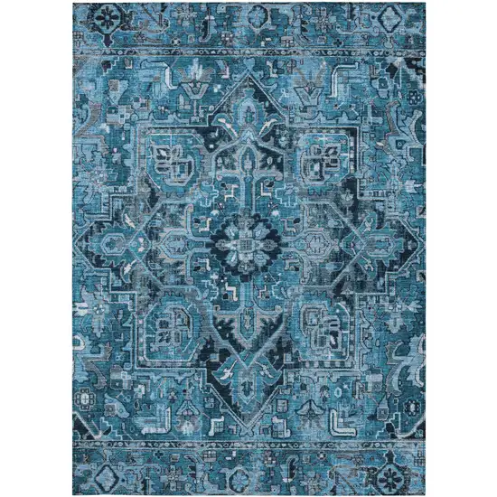 3' X 4' Denim and Gray Oriental Washable Non Skid Indoor Outdoor Area Rug Photo 4