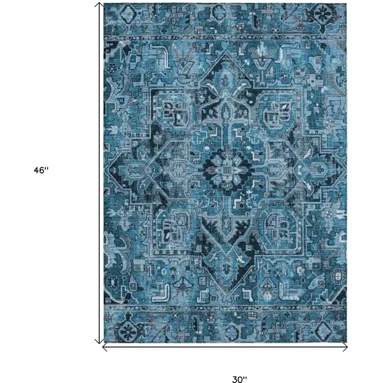 3' X 4' Denim and Gray Oriental Washable Non Skid Indoor Outdoor Area Rug Photo 3