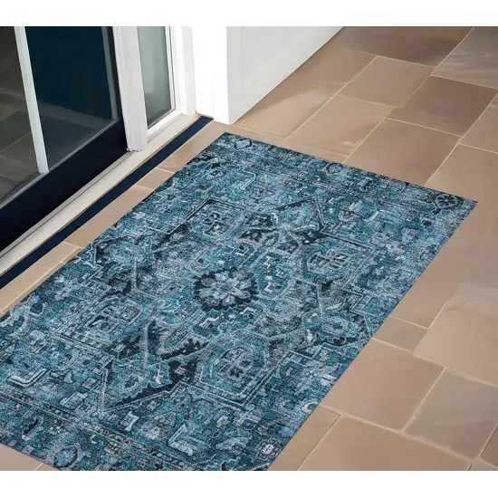 3' X 4' Denim and Gray Oriental Washable Non Skid Indoor Outdoor Area Rug Photo 1