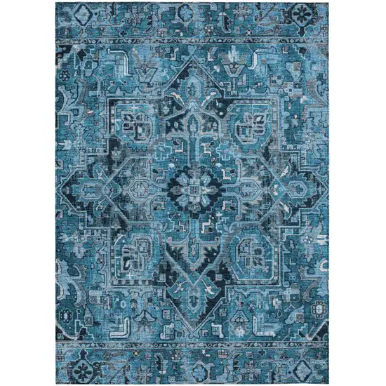 Denim and Gray Oriental Washable Non Skid Indoor Outdoor Area Rug Photo 1