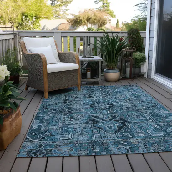 3' X 5' Denim and Gray Oriental Washable Non Skid Indoor Outdoor Area Rug Photo 9