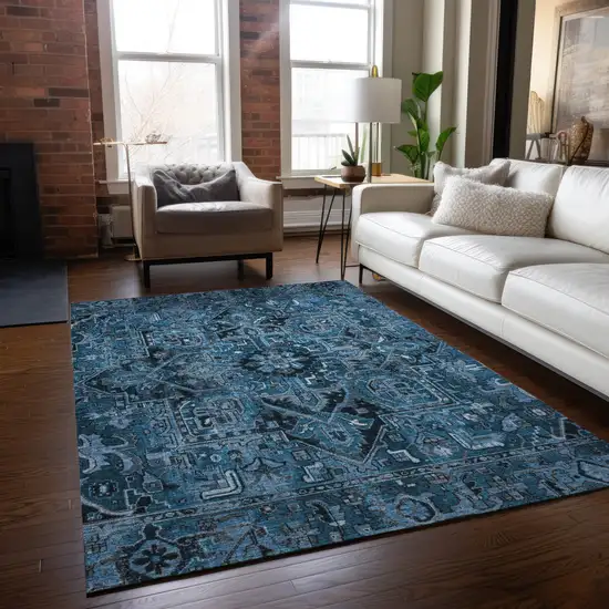 3' X 5' Denim and Gray Oriental Washable Non Skid Indoor Outdoor Area Rug Photo 7