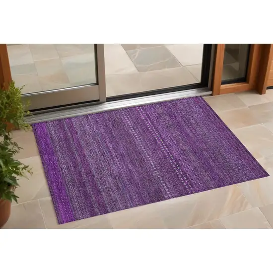 3' X 4' Eggplant Striped Washable Non Skid Indoor Outdoor Area Rug Photo 1