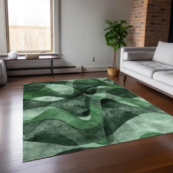 3' X 4' Fern Green Abstract Washable Non Skid Indoor Outdoor Area Rug Photo 9