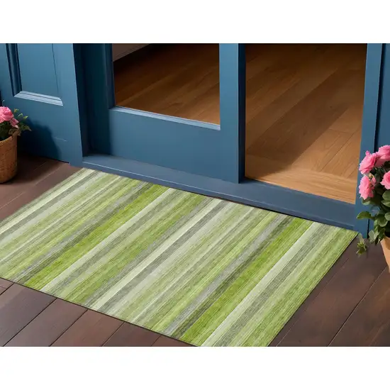 Fern Green Striped Washable Non Skid Indoor Outdoor Area Rug Photo 1