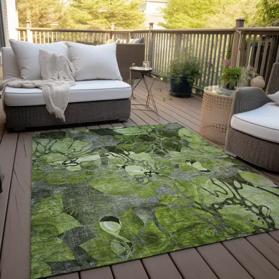 3' X 4' Fern Green and Gray Floral Washable Non Skid Indoor Outdoor Area Rug Photo 6