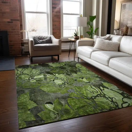 3' X 5' Fern Green and Gray Abstract Washable Indoor Outdoor Area Rug Photo 9