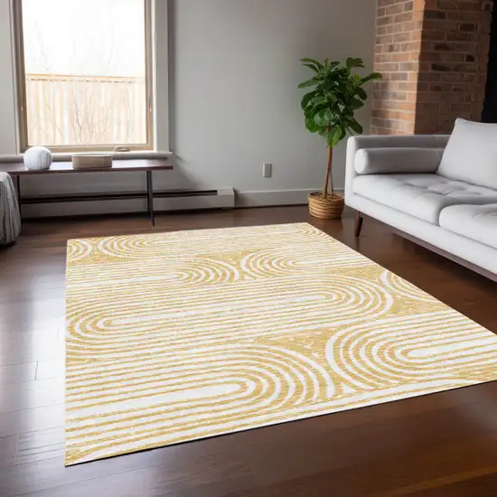 Gold and White Abstract Washable Non Skid Indoor Outdoor Area Rug Photo 9