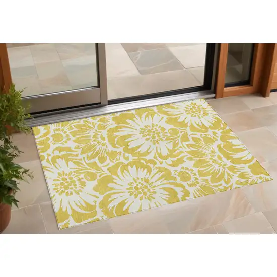 Gold and White Floral Washable Non Skid Indoor Outdoor Area Rug Photo 1