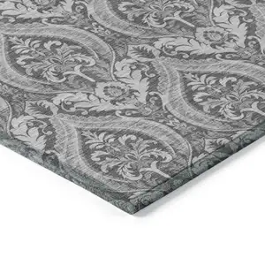 Photo of 3' X 4' Gray Damask Washable Non Skid Indoor Outdoor Area Rug