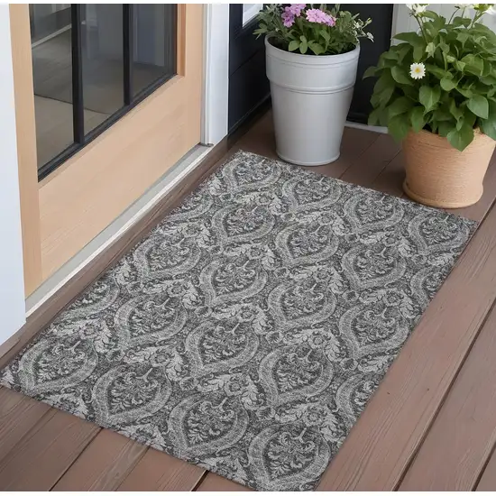 3' X 4' Gray Damask Washable Non Skid Indoor Outdoor Area Rug Photo 1