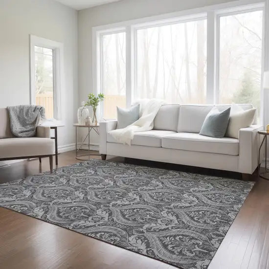 3' X 5' Gray Damask Washable Non Skid Indoor Outdoor Area Rug Photo 9