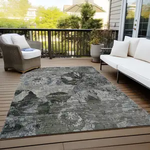 Photo of 3' X 4' Gray Dark Green and Black Floral Washable Non Skid Indoor Outdoor Area Rug