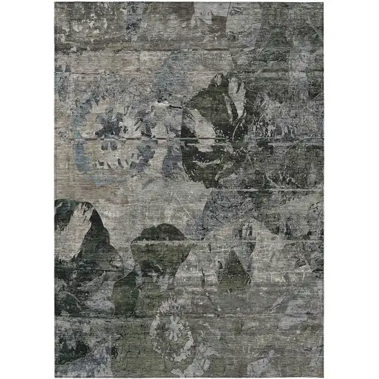 3' X 4' Gray Dark Green and Black Floral Washable Non Skid Indoor Outdoor Area Rug Photo 2