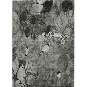 Photo of 3' X 4' Gray Floral Washable Non Skid Indoor Outdoor Area Rug