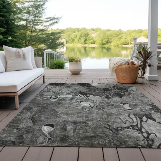 3' X 5' Gray Floral Washable Non Skid Indoor Outdoor Area Rug Photo 6