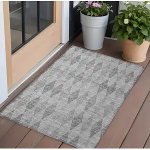 Photo of 3' X 5' Gray Geometric Washable Non Skid Indoor Outdoor Area Rug