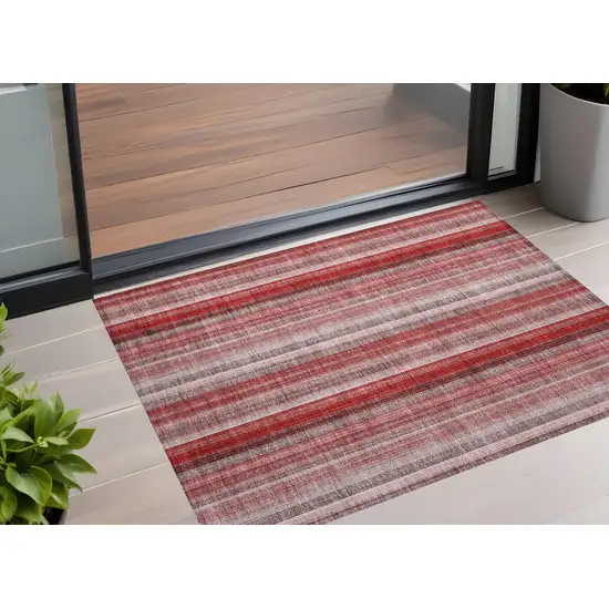 3' X 4' Gray Pink and Red Striped Washable Non Skid Indoor Outdoor Area Rug Photo 1