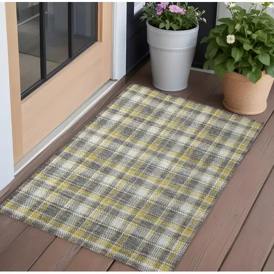 Gray Yellow and White Plaid Washable Non Skid Indoor Outdoor Area Rug Photo 1