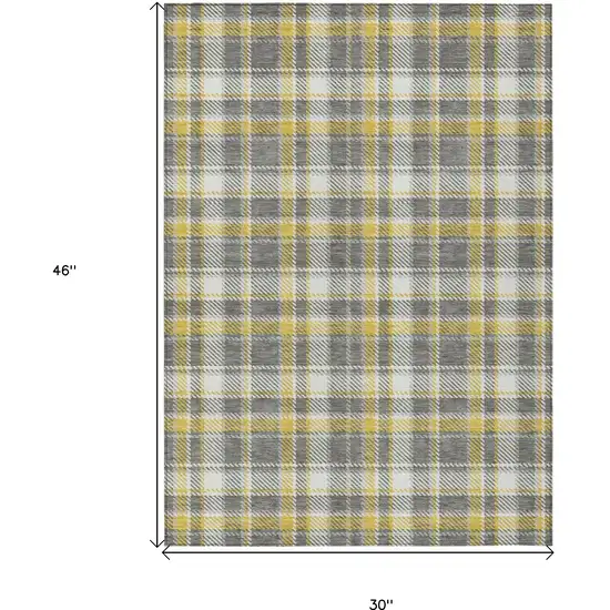 3' X 4' Gray Yellow and White Plaid Washable Non Skid Indoor Outdoor Area Rug Photo 3