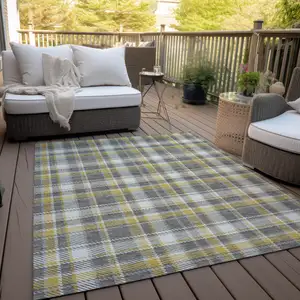 Photo of 3' X 5' Gray Yellow and White Plaid Washable Non Skid Indoor Outdoor Area Rug