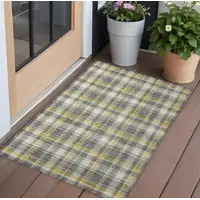 Photo of 3' X 5' Gray Yellow and White Plaid Washable Non Skid Indoor Outdoor Area Rug