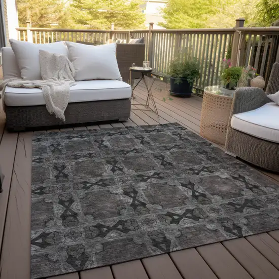 3' X 5' Gray and Black Floral Medallion Washable Non Skid Indoor Outdoor Area Rug Photo 8