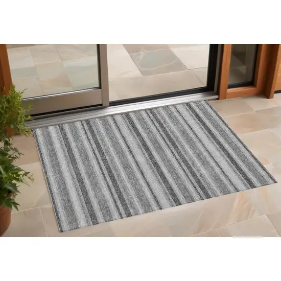 3' X 4' Gray and Black Striped Washable Non Skid Indoor Outdoor Area Rug Photo 1