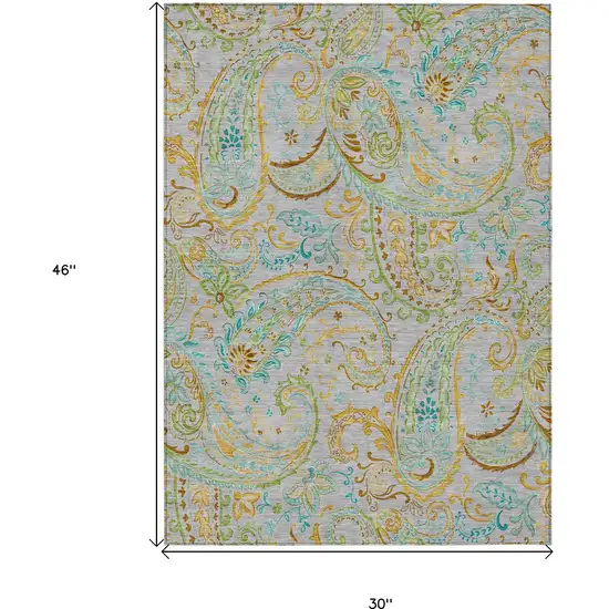 Gray and Gold Paisley Washable Non Skid Indoor Outdoor Area Rug Photo 3