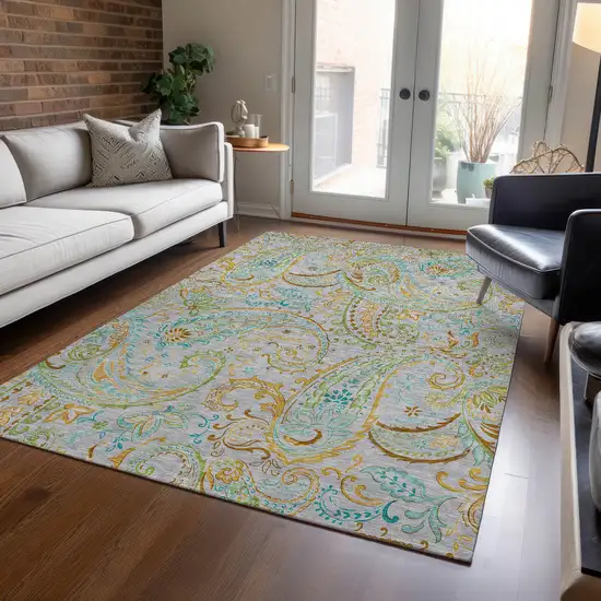 Gray and Gold Paisley Washable Non Skid Indoor Outdoor Area Rug Photo 8