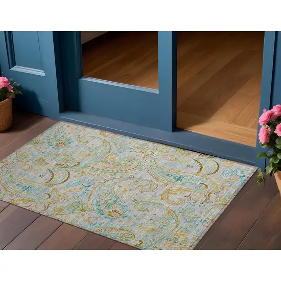 Gray and Gold Paisley Washable Non Skid Indoor Outdoor Area Rug Photo 1