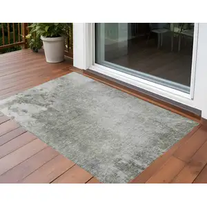 Photo of 3' X 4' Gray and Off White Abstract Washable Non Skid Indoor Outdoor Area Rug